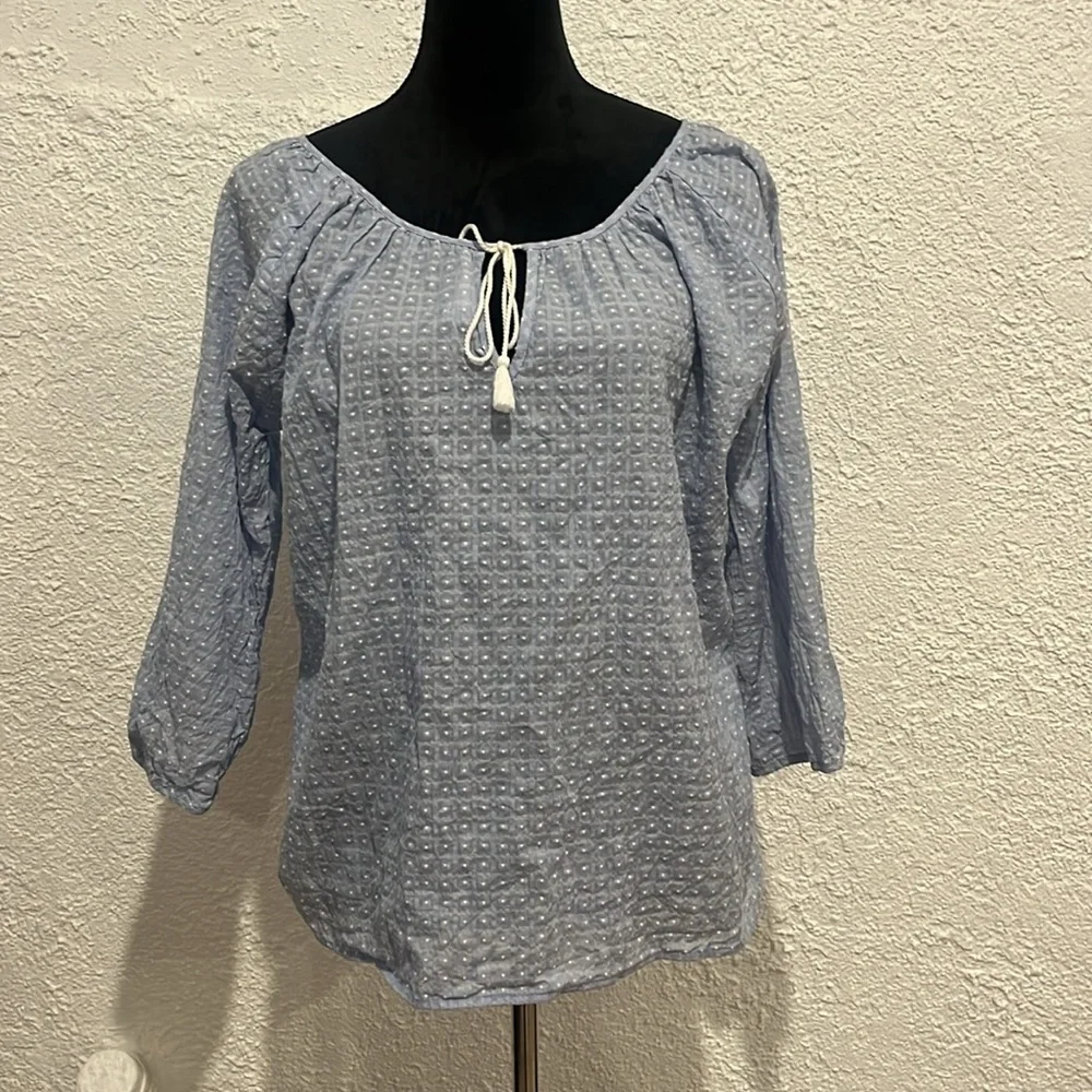 J. Crew Light Blue Textured Peasant Blouse with Tassel Tie